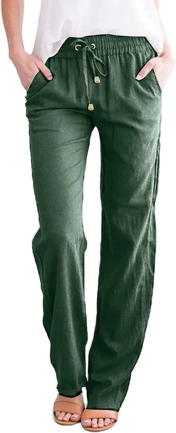 Women's Cotton Linen Straight Leg Pants Casual Summer Loose Sweatpants Tapered Ankle Capris Cropped Beach Trousers