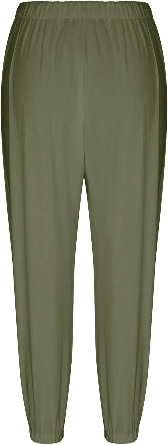 Women's Cotton Pants Trendy Drawstring Bottom Button Jogger Pant Summer Beach Gaucho Trousers Casual Comfy Outfits