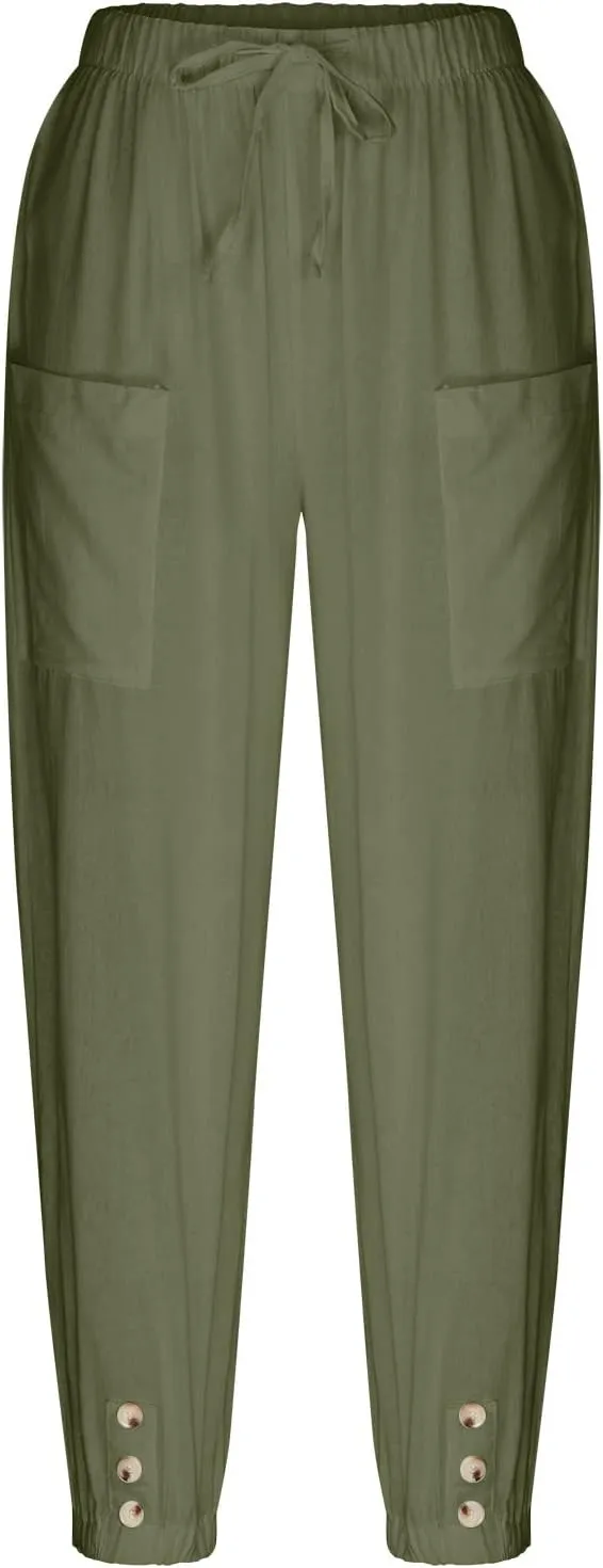 Women's Cotton Pants Trendy Drawstring Bottom Button Jogger Pant Summer Beach Gaucho Trousers Casual Comfy Outfits