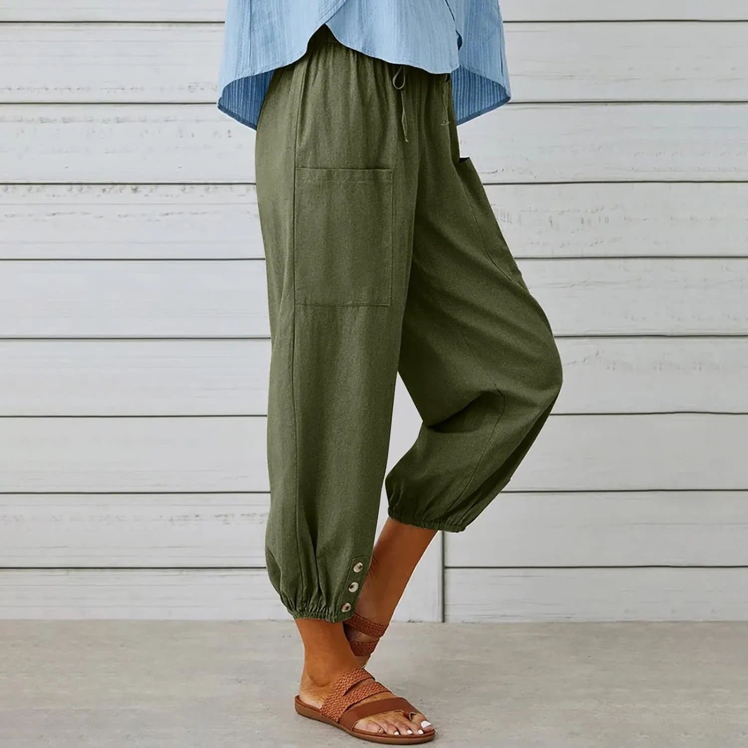 Women's Cotton Pants Trendy Drawstring Bottom Button Jogger Pant Summer Beach Gaucho Trousers Casual Comfy Outfits
