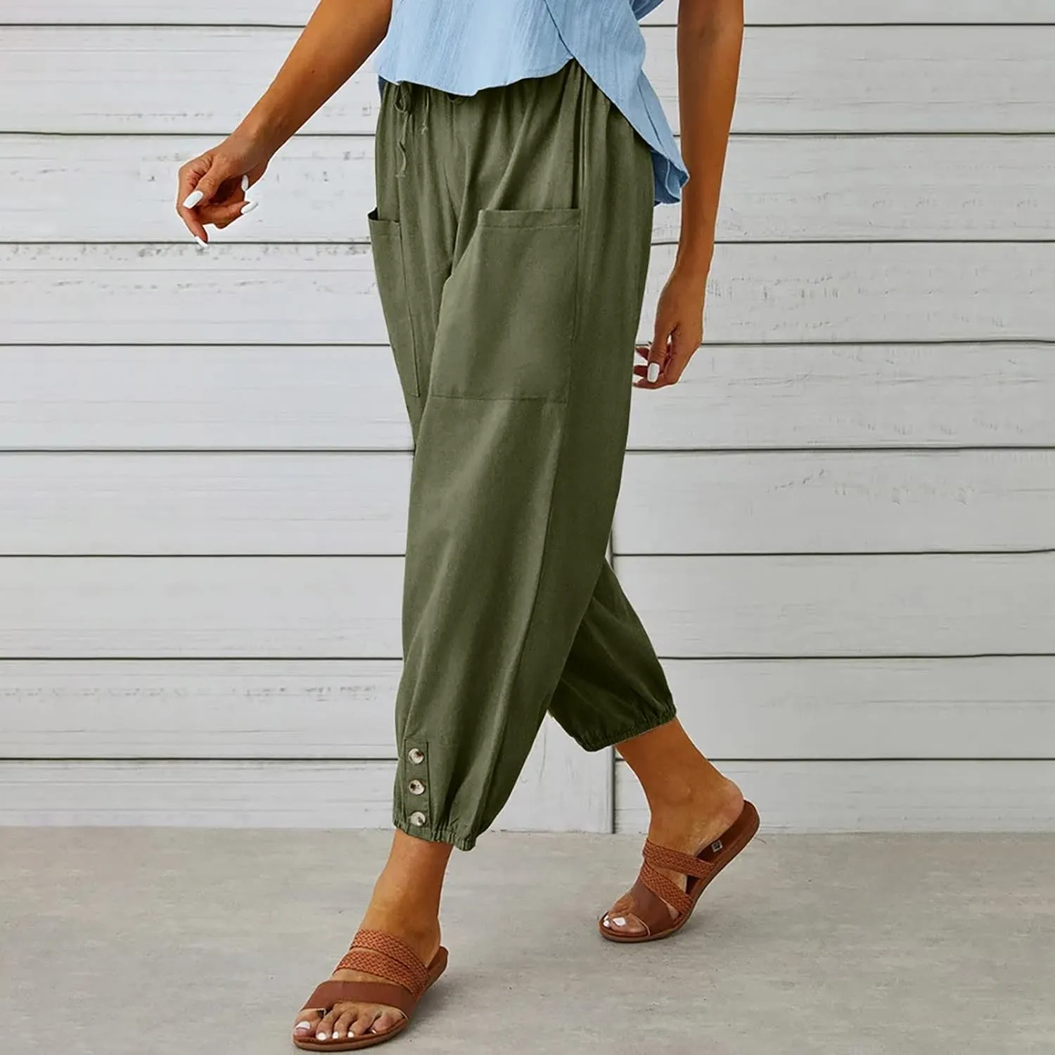 Women's Cotton Pants Trendy Drawstring Bottom Button Jogger Pant Summer Beach Gaucho Trousers Casual Comfy Outfits