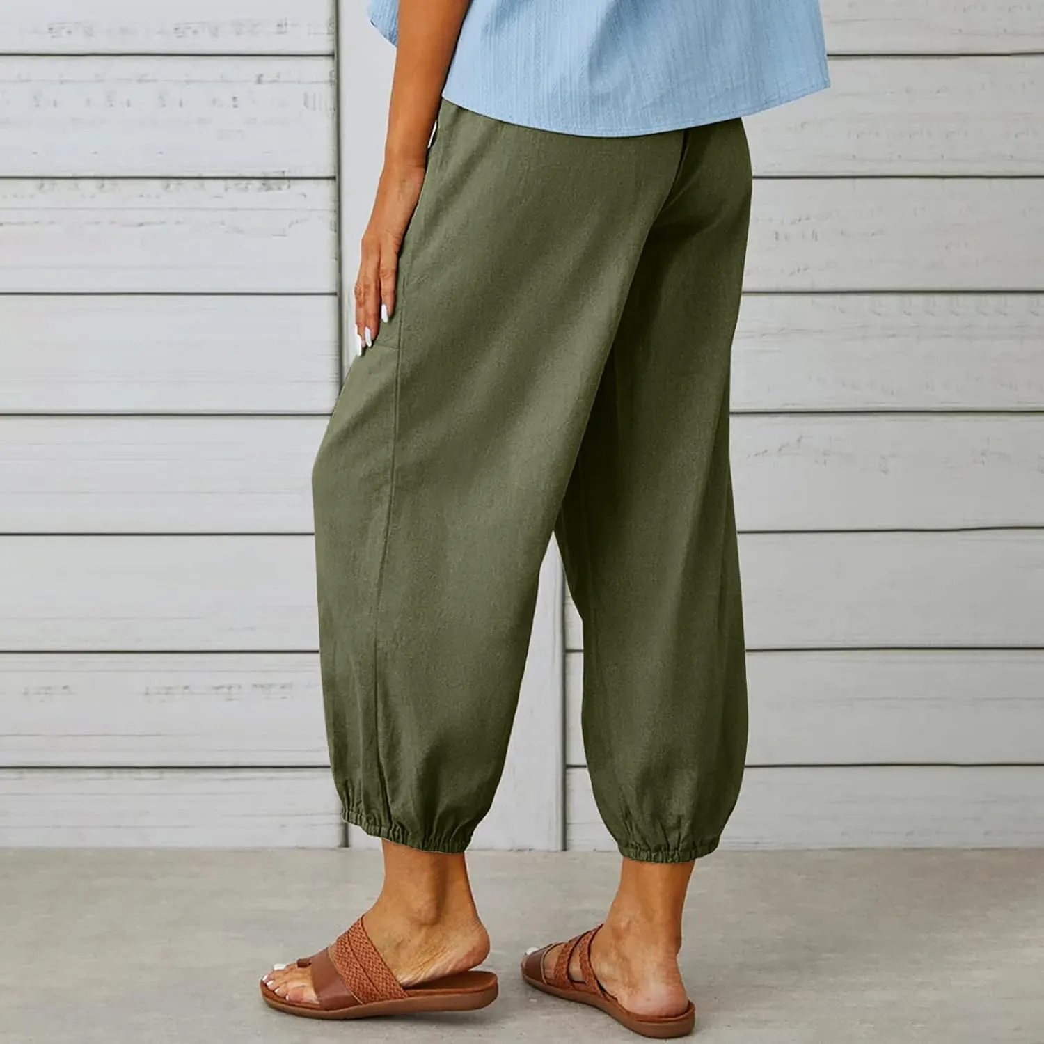 Women's Cotton Pants Trendy Drawstring Bottom Button Jogger Pant Summer Beach Gaucho Trousers Casual Comfy Outfits