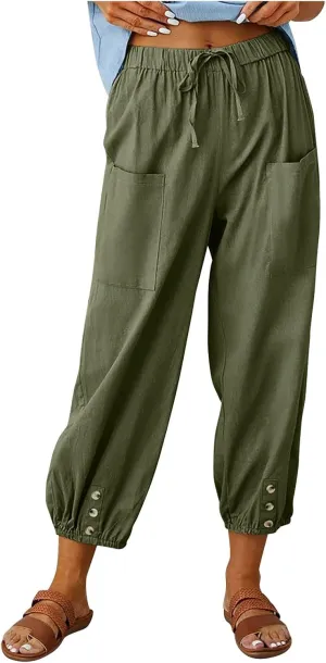 Women's Cotton Pants Trendy Drawstring Bottom Button Jogger Pant Summer Beach Gaucho Trousers Casual Comfy Outfits