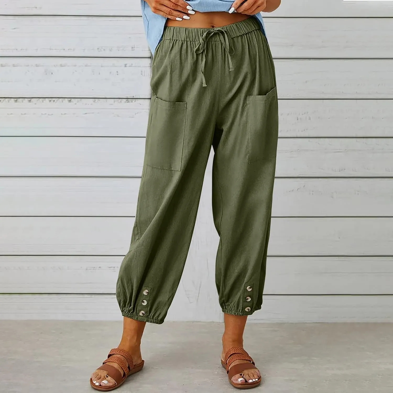 Women's Cotton Pants Trendy Drawstring Bottom Button Jogger Pant Summer Beach Gaucho Trousers Casual Comfy Outfits