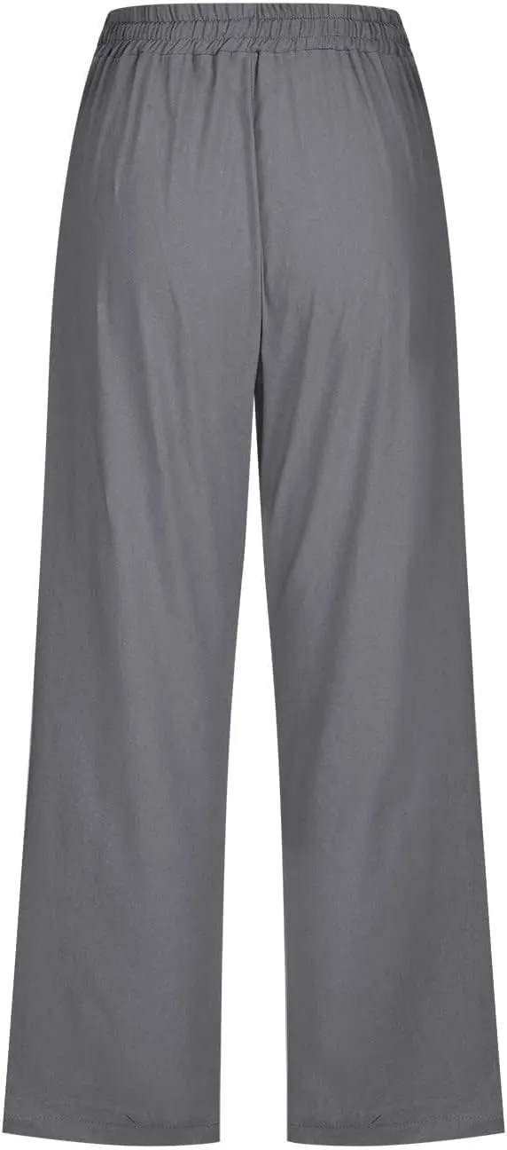 Womens Cropped Linen Pants Dressy Casual with Pockets Summer Capri Pants Straight Leg Drawstring Pants Loose Fit