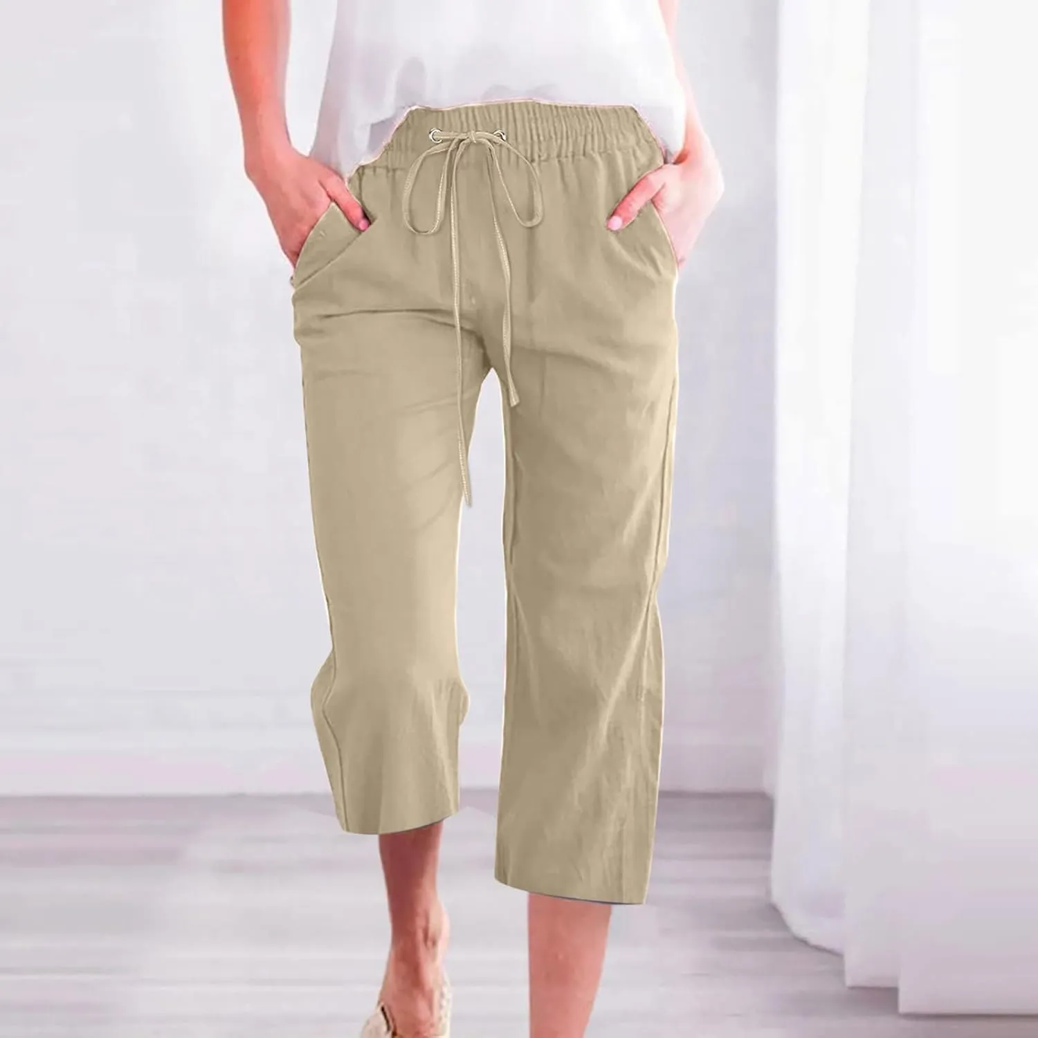 Womens Cropped Linen Pants Dressy Casual with Pockets Summer Capri Pants Straight Leg Drawstring Pants Loose Fit