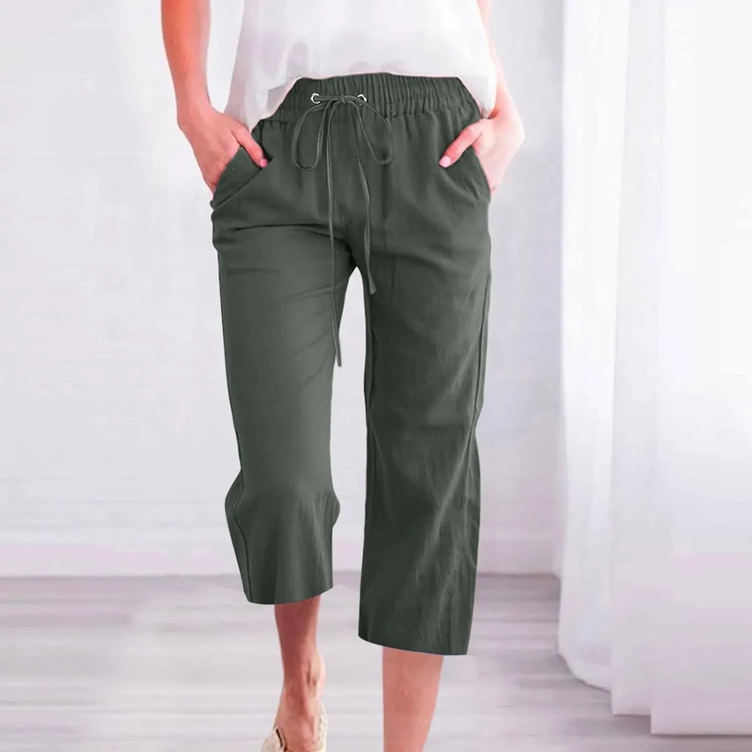 Womens Cropped Linen Pants Dressy Casual with Pockets Summer Capri Pants Straight Leg Drawstring Pants Loose Fit