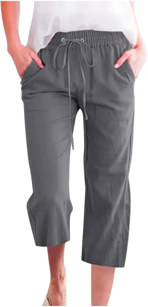 Womens Cropped Linen Pants Dressy Casual with Pockets Summer Capri Pants Straight Leg Drawstring Pants Loose Fit
