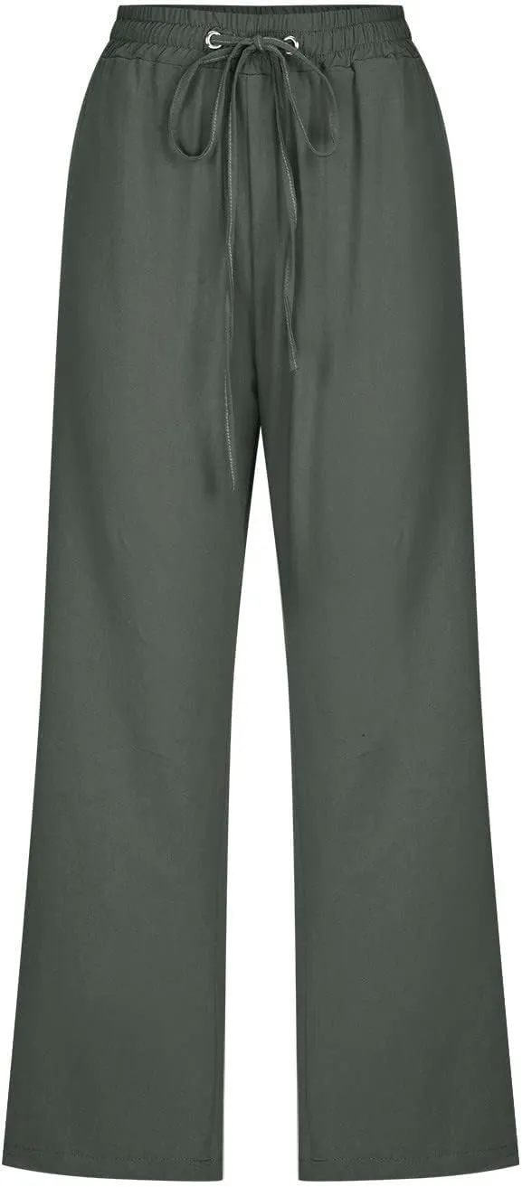 Womens Cropped Linen Pants Dressy Casual with Pockets Summer Capri Pants Straight Leg Drawstring Pants Loose Fit