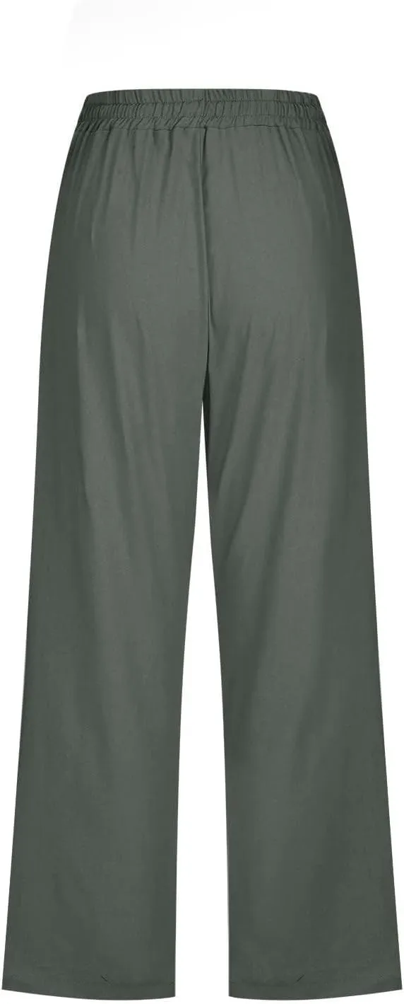 Womens Cropped Linen Pants Dressy Casual with Pockets Summer Capri Pants Straight Leg Drawstring Pants Loose Fit