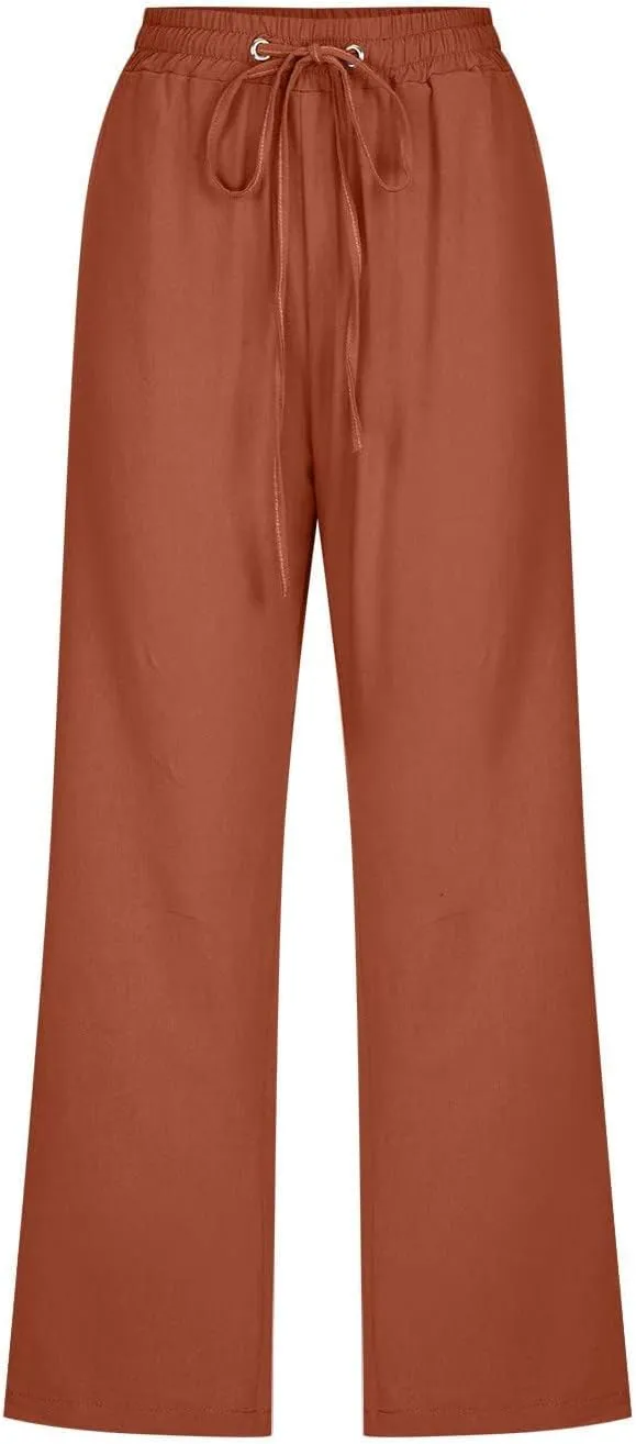 Womens Cropped Linen Pants Dressy Casual with Pockets Summer Capri Pants Straight Leg Drawstring Pants Loose Fit