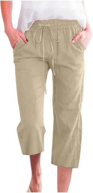 Womens Cropped Linen Pants Dressy Casual with Pockets Summer Capri Pants Straight Leg Drawstring Pants Loose Fit