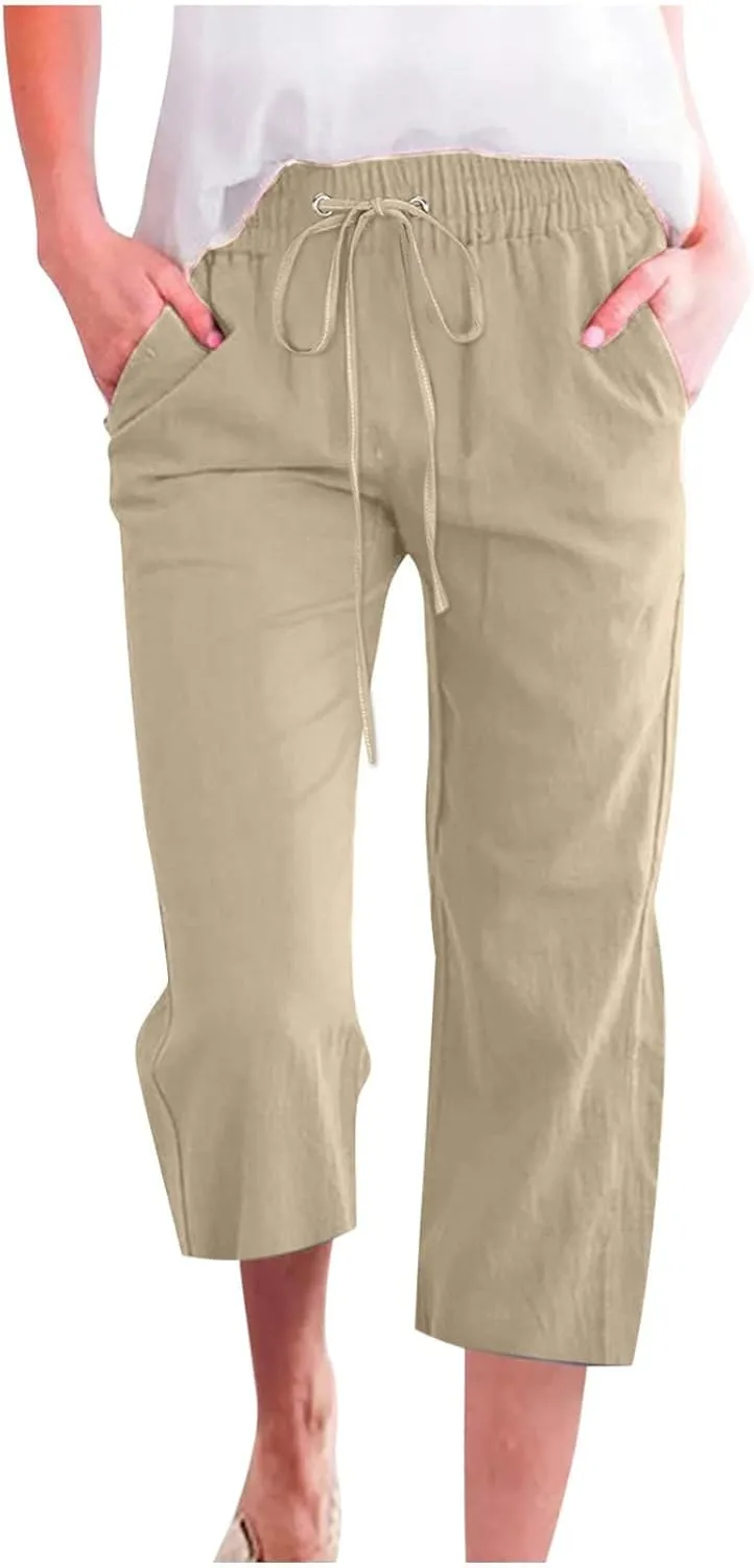 Womens Cropped Linen Pants Dressy Casual with Pockets Summer Capri Pants Straight Leg Drawstring Pants Loose Fit