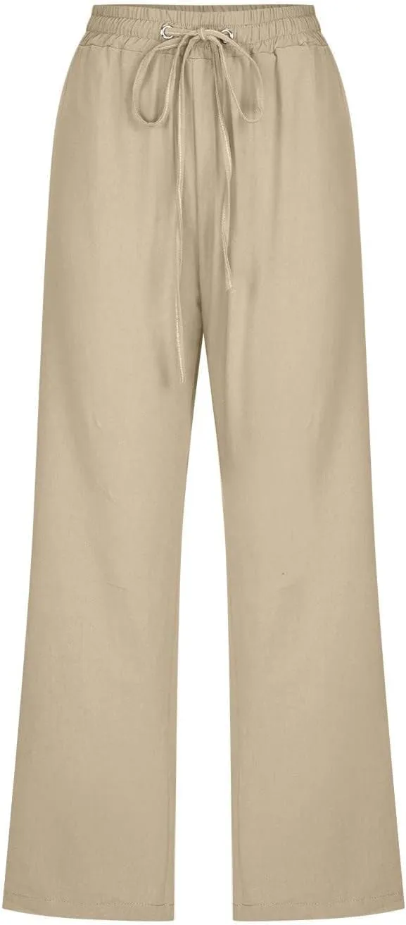 Womens Cropped Linen Pants Dressy Casual with Pockets Summer Capri Pants Straight Leg Drawstring Pants Loose Fit