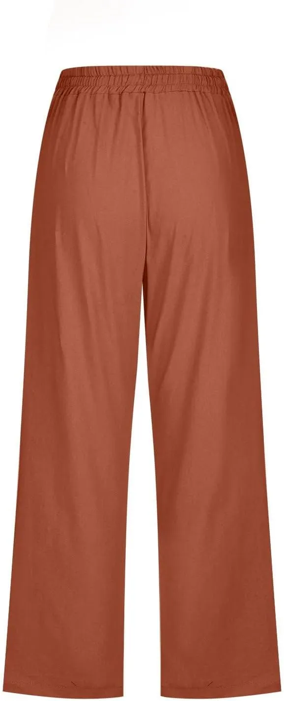 Womens Cropped Linen Pants Dressy Casual with Pockets Summer Capri Pants Straight Leg Drawstring Pants Loose Fit