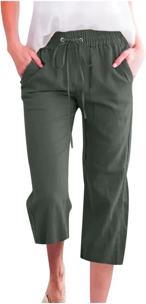 Womens Cropped Linen Pants Dressy Casual with Pockets Summer Capri Pants Straight Leg Drawstring Pants Loose Fit