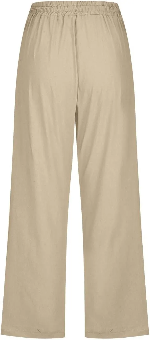 Womens Cropped Linen Pants Dressy Casual with Pockets Summer Capri Pants Straight Leg Drawstring Pants Loose Fit