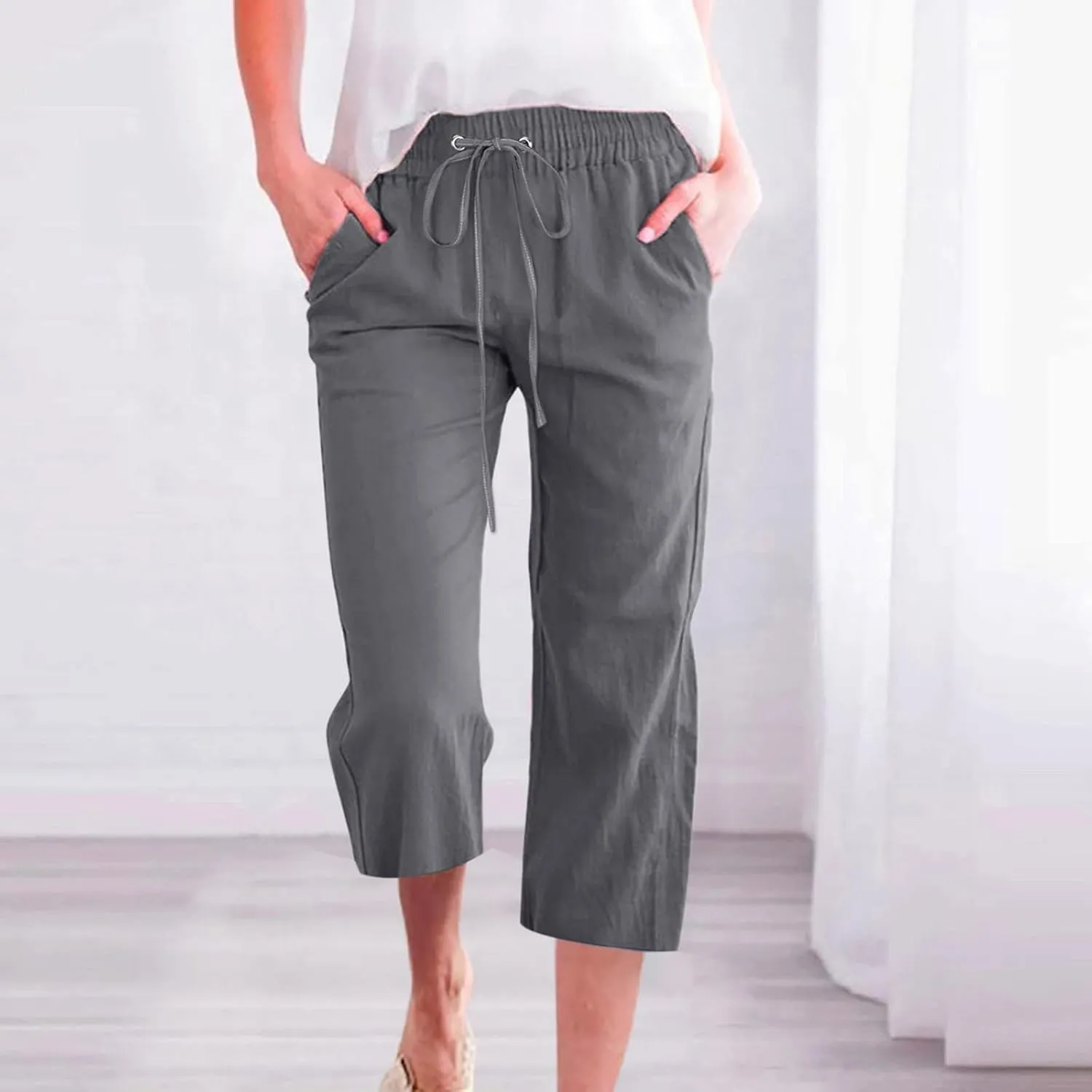 Womens Cropped Linen Pants Dressy Casual with Pockets Summer Capri Pants Straight Leg Drawstring Pants Loose Fit