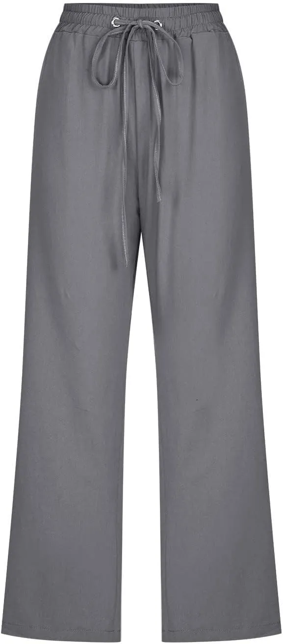 Womens Cropped Linen Pants Dressy Casual with Pockets Summer Capri Pants Straight Leg Drawstring Pants Loose Fit