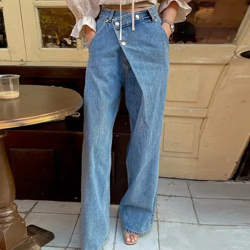 Women's Crossed Over Waist Button Design Wide Leg Jeans