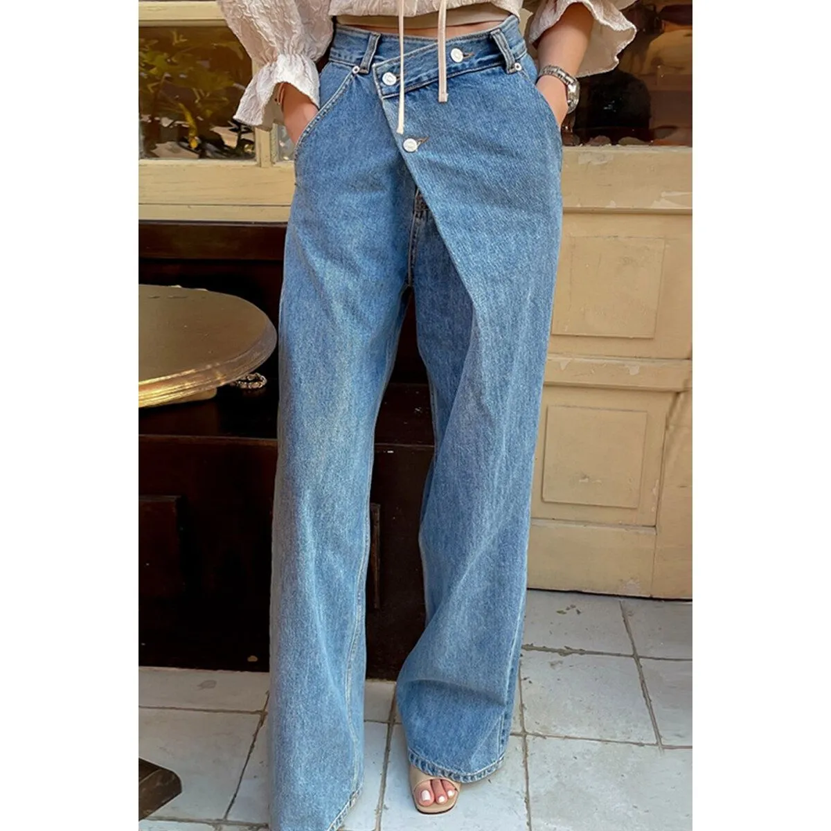 Women's Crossed Over Waist Button Design Wide Leg Jeans