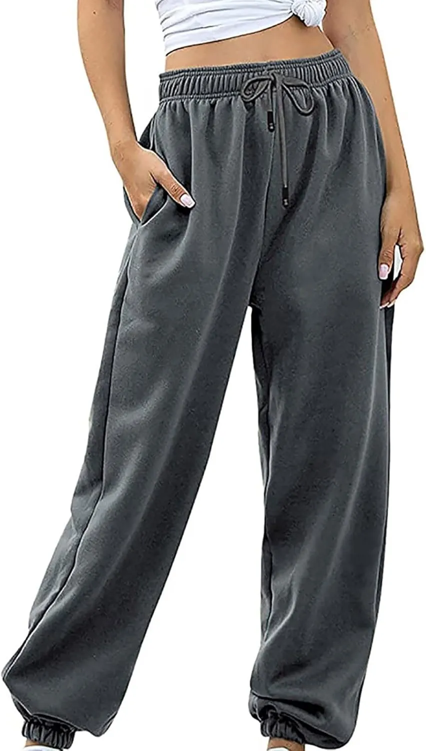 Womens High Waisted Sweatpants with Pockets 2024 Fall Y2k Jogger Pants Baggy Lounge Trousers Cinch Bottom Sweatpants