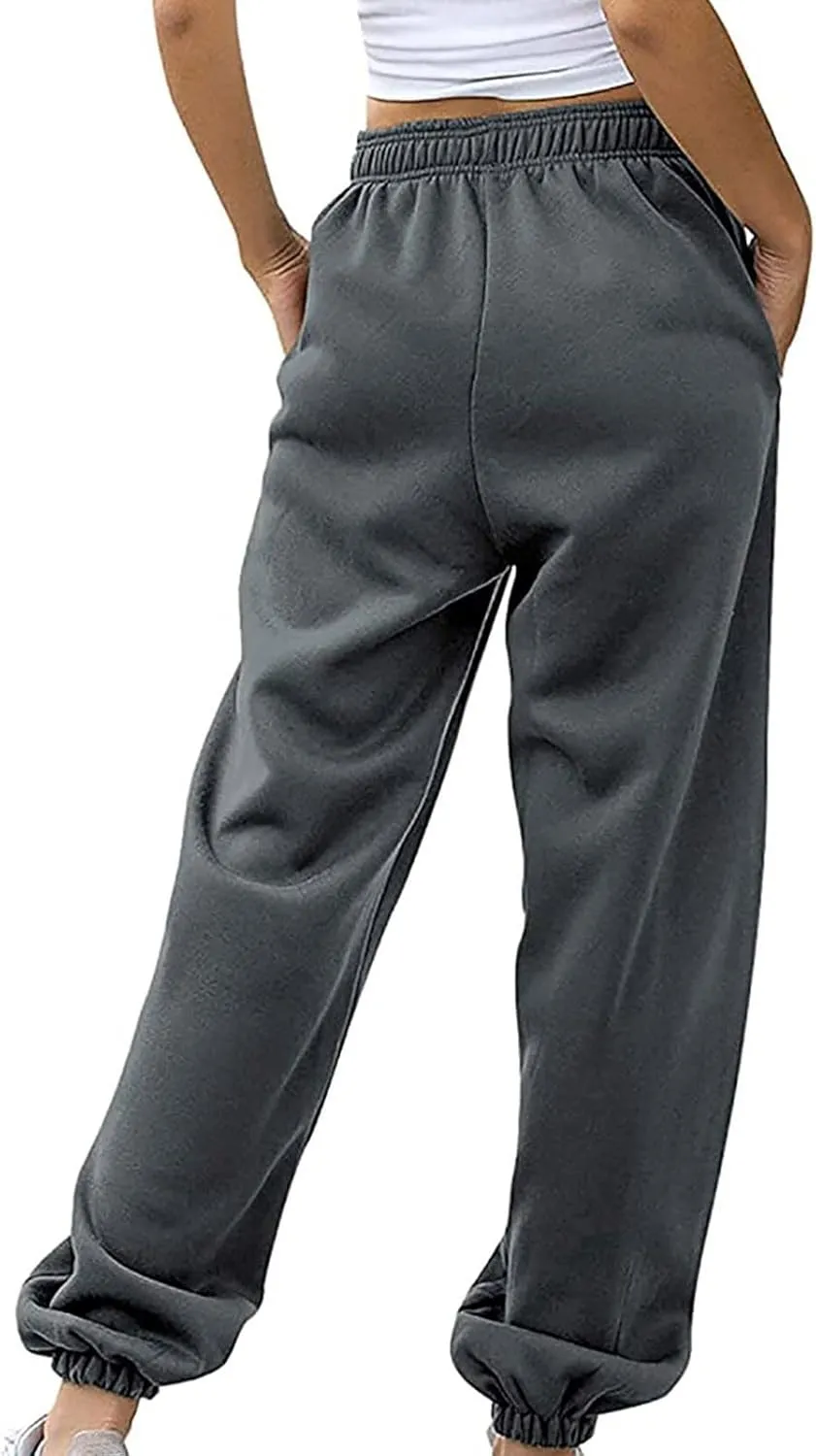 Womens High Waisted Sweatpants with Pockets 2024 Fall Y2k Jogger Pants Baggy Lounge Trousers Cinch Bottom Sweatpants
