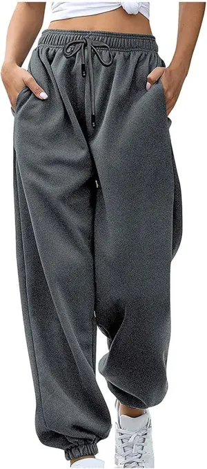 Womens High Waisted Sweatpants with Pockets 2024 Fall Y2k Jogger Pants Baggy Lounge Trousers Cinch Bottom Sweatpants