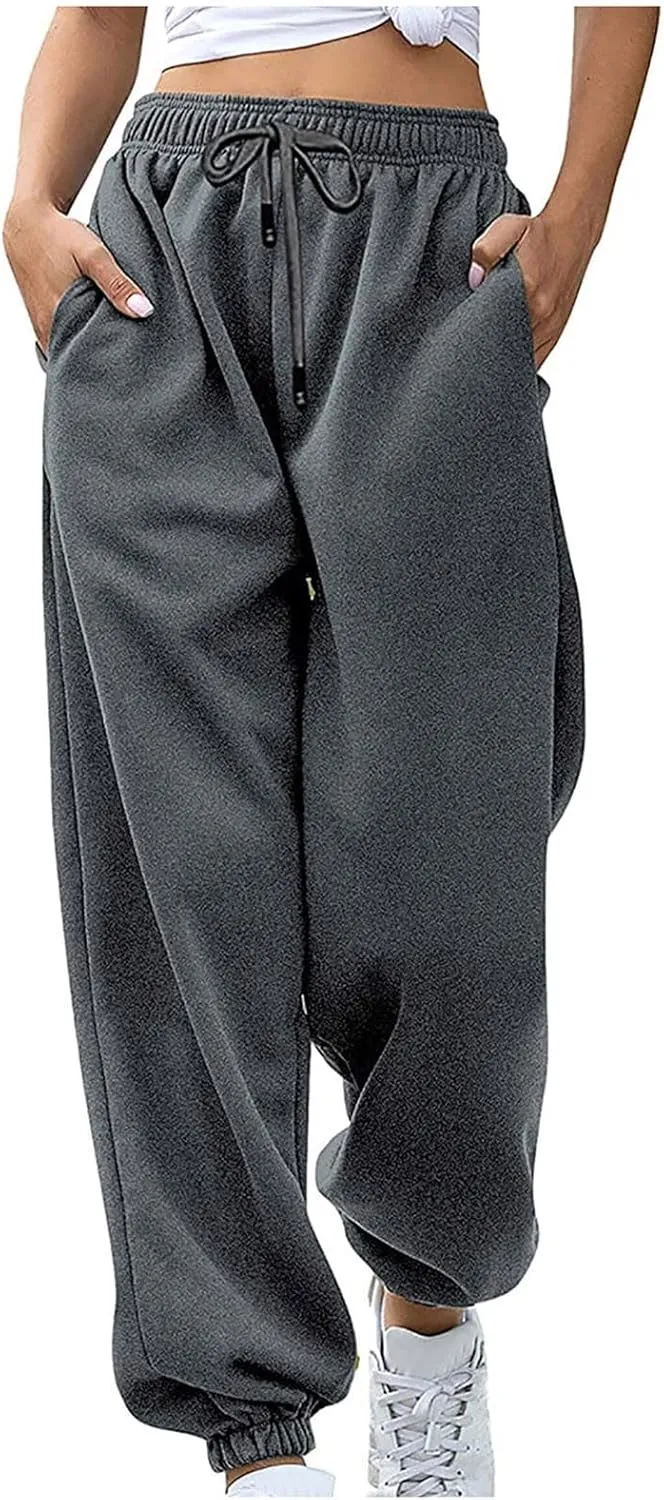 Womens High Waisted Sweatpants with Pockets 2024 Fall Y2k Jogger Pants Baggy Lounge Trousers Cinch Bottom Sweatpants