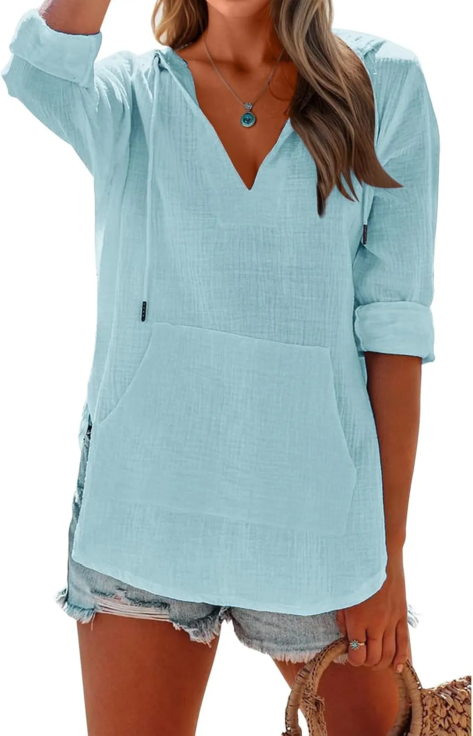Womens Hoodies Cotton Linen Summer Tops Long Sleeve V Neck Sweatshirts Casual Beach Swimsuit Coverup with Pockets
