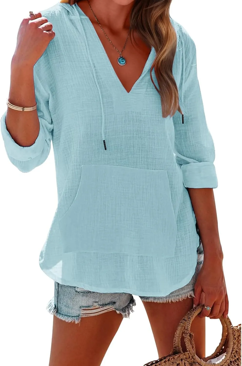 Womens Hoodies Cotton Linen Summer Tops Long Sleeve V Neck Sweatshirts Casual Beach Swimsuit Coverup with Pockets