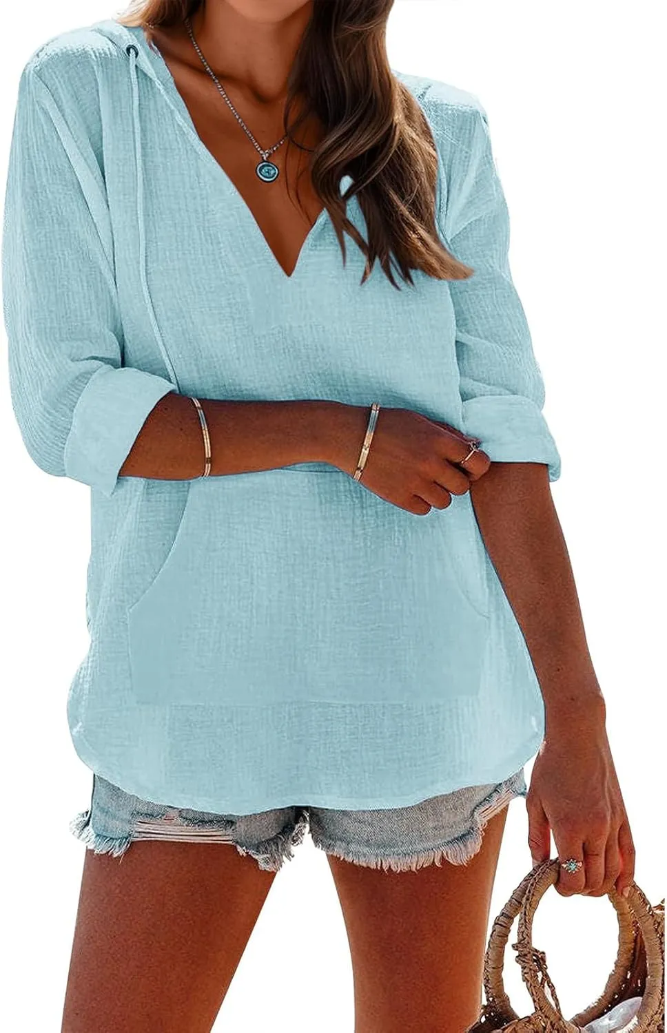 Womens Hoodies Cotton Linen Summer Tops Long Sleeve V Neck Sweatshirts Casual Beach Swimsuit Coverup with Pockets