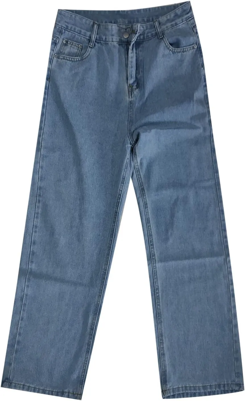 Women's Jeans Printed Stretchy High Waisted Baggy Straight Wide Leg Crop Casual Bootcut Imitation Denim Pants Trouser