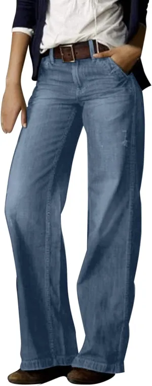 Women's Jeans Printed Stretchy High Waisted Baggy Straight Wide Leg Crop Casual Bootcut Imitation Denim Pants Trouser