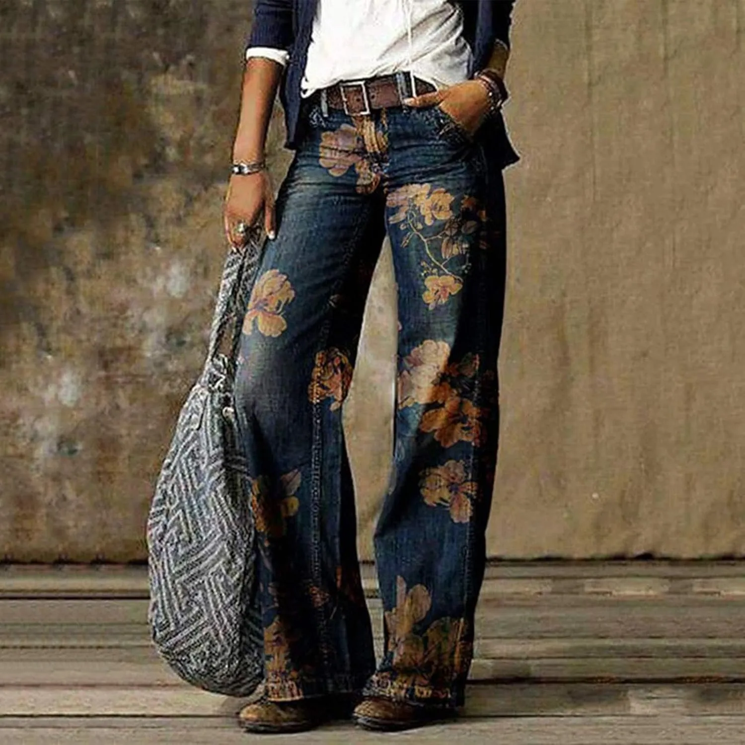 Women's Jeans Printed Stretchy High Waisted Baggy Straight Wide Leg Crop Casual Bootcut Imitation Denim Pants Trouser