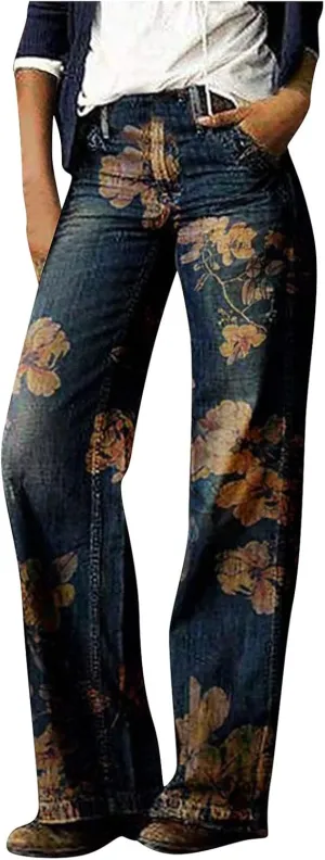 Women's Jeans Printed Stretchy High Waisted Baggy Straight Wide Leg Crop Casual Bootcut Imitation Denim Pants Trouser