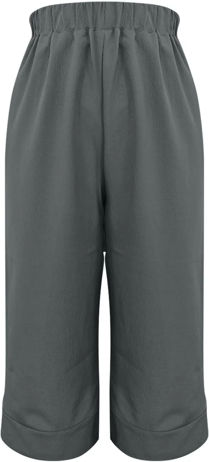 Womens Linen Capri Pants for Summer Straight Leg Capris Pants Casual Elastic Waist Cropped Trousers with Pockets