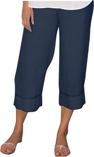 Womens Linen Capri Pants for Summer Straight Leg Capris Pants Casual Elastic Waist Cropped Trousers with Pockets