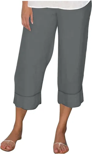 Womens Linen Capri Pants for Summer Straight Leg Capris Pants Casual Elastic Waist Cropped Trousers with Pockets