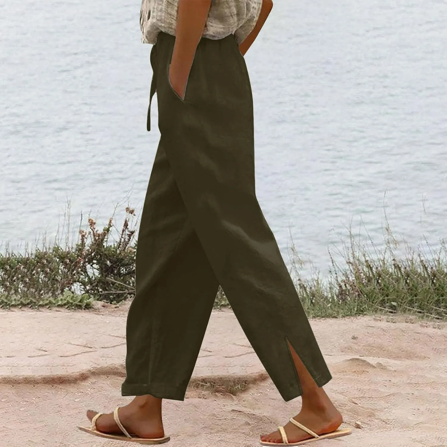 Womens Linen Pants Wide Leg Drawstring Trousers High Waisted Straight Leg Pant Lightweight Summer Beach Pants 2025