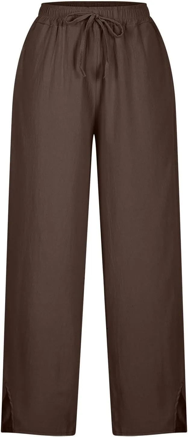 Womens Linen Pants Wide Leg Drawstring Trousers High Waisted Straight Leg Pant Lightweight Summer Beach Pants 2025