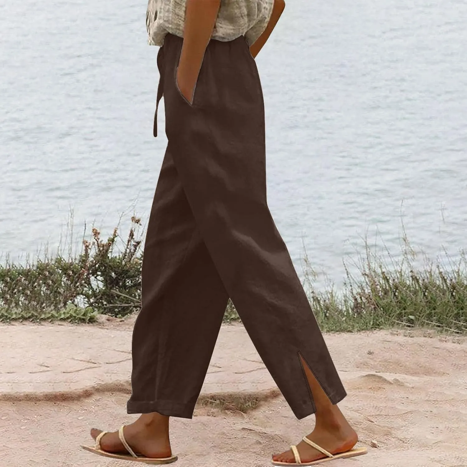 Womens Linen Pants Wide Leg Drawstring Trousers High Waisted Straight Leg Pant Lightweight Summer Beach Pants 2025