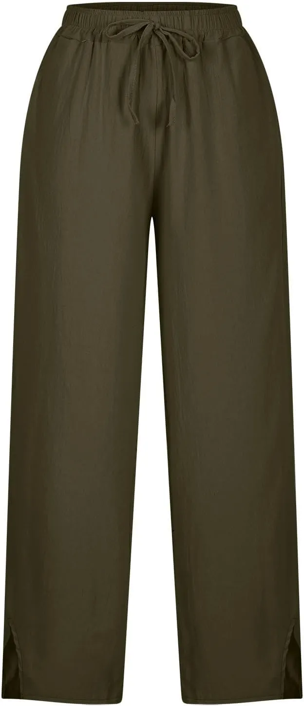 Womens Linen Pants Wide Leg Drawstring Trousers High Waisted Straight Leg Pant Lightweight Summer Beach Pants 2025