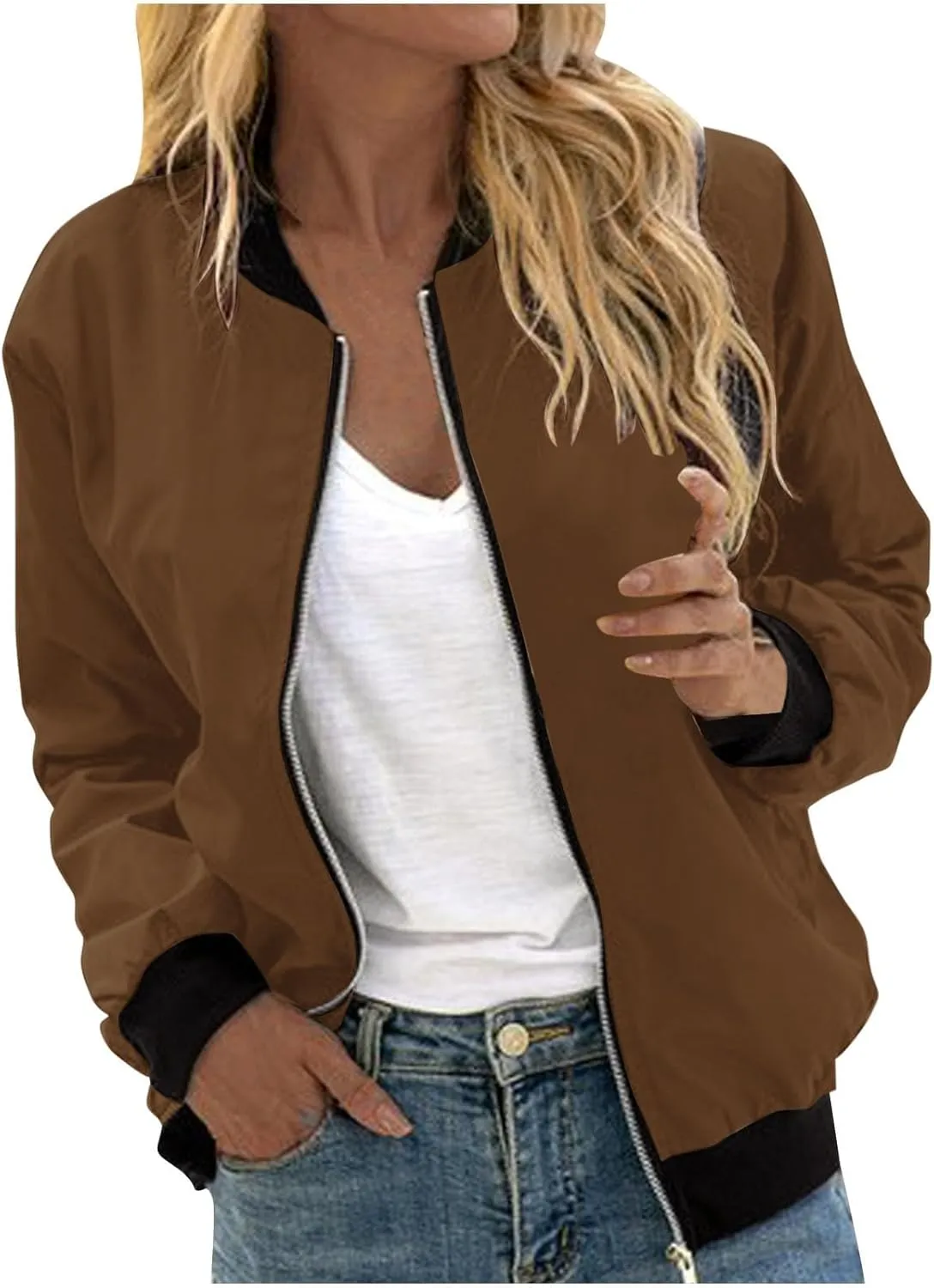 Womens Long Sleeve Lightweight Bomber Jacket Full Zip Up Casual Cropped Coat Fall Winter Fashion Solid Color Outerwear