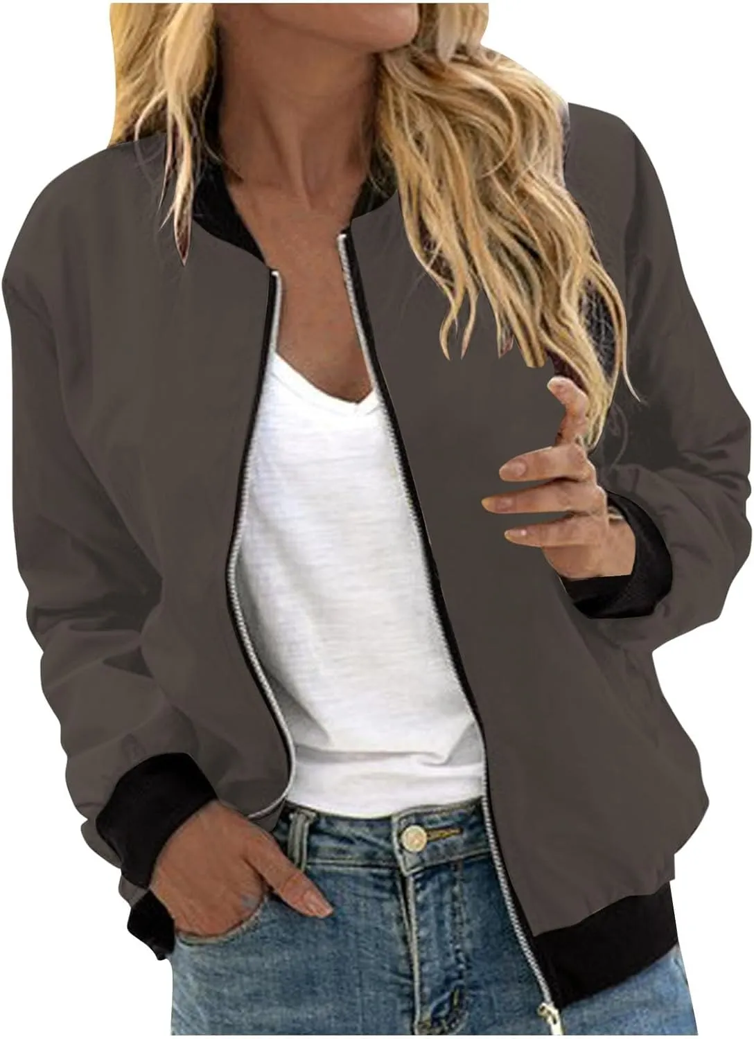 Womens Long Sleeve Lightweight Bomber Jacket Full Zip Up Casual Cropped Coat Fall Winter Fashion Solid Color Outerwear