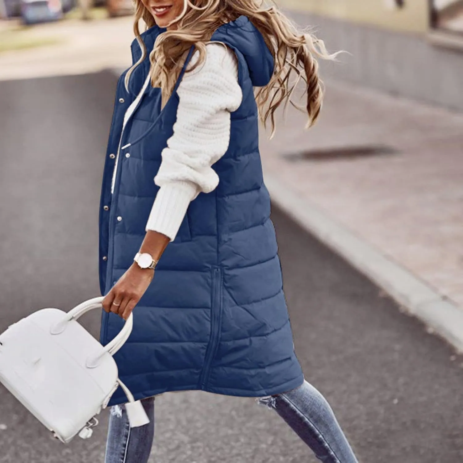 Women'S Long Vest Sleeveless Puffer Jacket Lightweight Hooded Down Outerwear Coat Quilted Vest With Hood Jacket