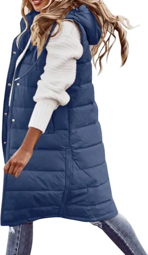 Women'S Long Vest Sleeveless Puffer Jacket Lightweight Hooded Down Outerwear Coat Quilted Vest With Hood Jacket