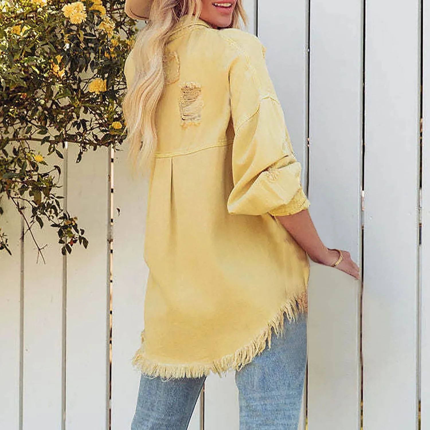 Women's Oversized Denim Jacket Casual Loose Boyfriend Frayed Ripped Jean Jackets Autumn Spring Trucker Coat Outerwear