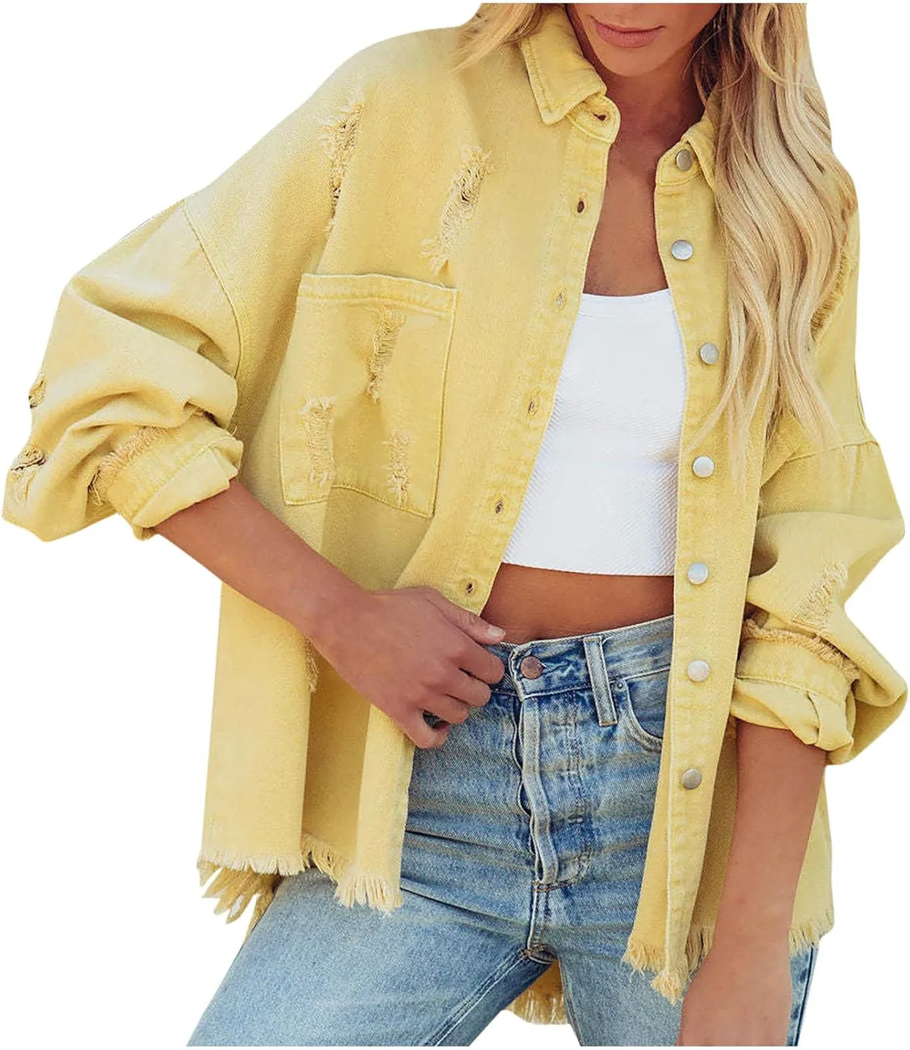 Women's Oversized Denim Jacket Casual Loose Boyfriend Frayed Ripped Jean Jackets Autumn Spring Trucker Coat Outerwear