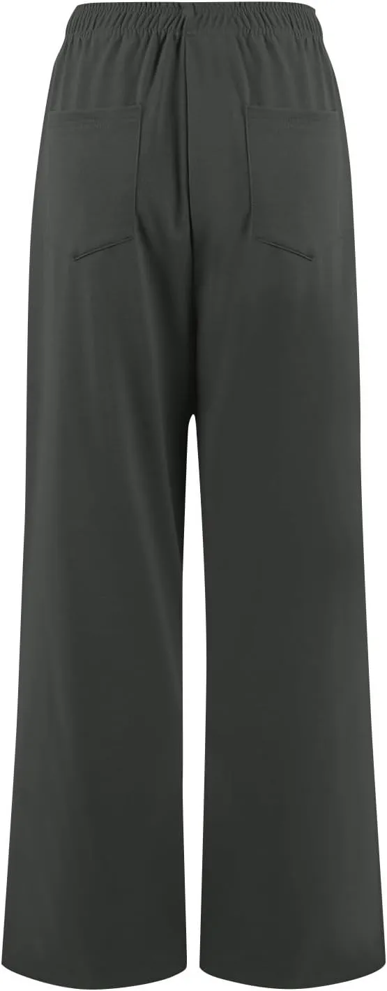 Women's Pants Casual Elastic Waist Drawstring Sumemr Pants Trendy Straight Wide Leg High Waisted with Pockets Trousers